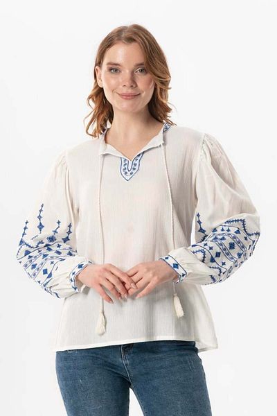 Eliş Şile Bezi Μακρυμάνικο ύφασμα Şile, Idil V-Neck Κεντημένη καλοκαιρινή μπλούζα Κρέμα Κρέμα