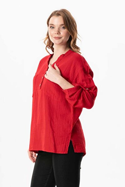 Eliş Şile Bezi Long Sleeve Asu Summer Blue and Red Muslin Blouse