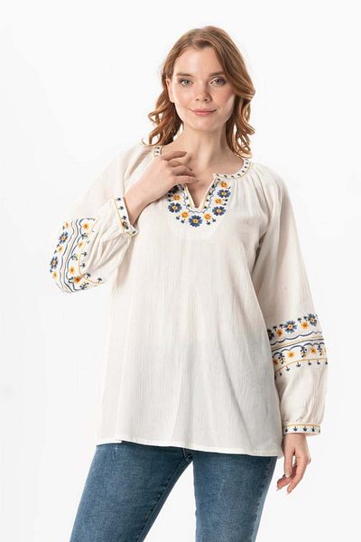 Eliş Şile Bezi Μακρυμάνικη Μπλούζα - Rosebud V Neck Κεντημένη Κρέμα
