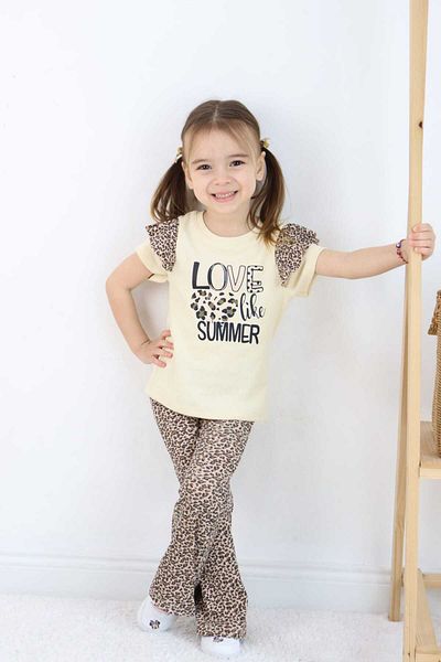 ESİLA KİDS Girl's Leopard Patterned Summer Double Suit Short Sleeve T-Shirt and Leggings