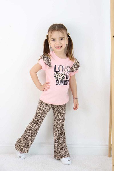 ESİLA KİDS Girl's Leopard Patterned Summer Double Suit Short Sleeve T-Shirt and Leggings