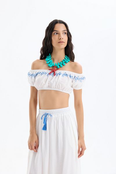 Quzu Embroidery Detailed Balloon Sleeve Crop Blouse Ecru