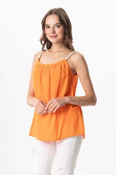 Eliş Şile Bezi Orange Trnc Strappy Alaçatı Summer Muslin Blouse