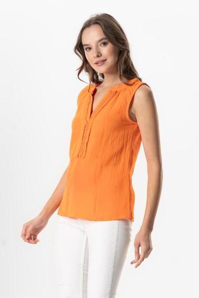 Eliş Şile Bezi V-Neck Berrin Guipure Detailed Muslim Summer Blouse Orange
