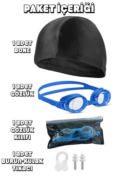 Ozsport Set of 4 Swimming Goggles Fabric Cap Set with Ear and Nose Plugs Swimming Pool Sea Goggles Blue