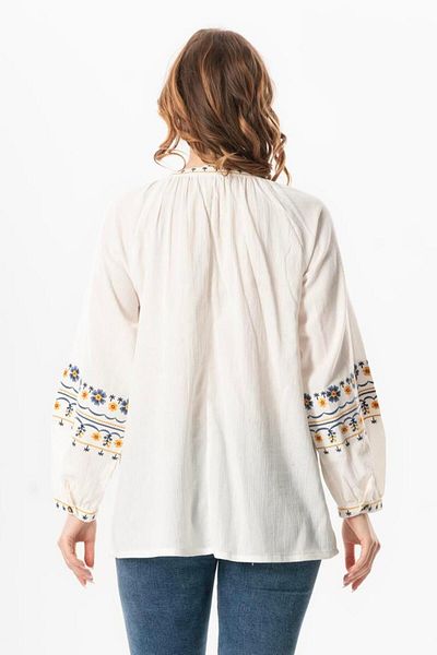 Eliş Şile Bezi Μακρυμάνικη Μπλούζα - Rosebud V Neck Κεντημένη Κρέμα