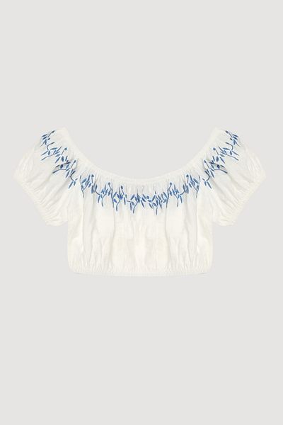 Quzu Embroidery Detailed Balloon Sleeve Crop Blouse Ecru