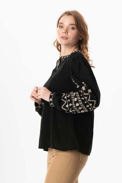 Eliş Şile Bezi Long Sleeve Şile Cloth, Black Idil V-Neck Embroidered Summer Blouse