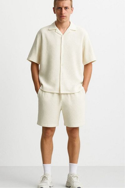 Twobucks Jacquard Knitwear Ecru Men's Shirt and Shorts Set