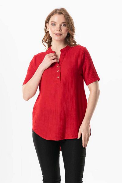 Eliş Şile Bezi Short Sleeve Rose Day V-Neck Blouse (Red & Krmz)