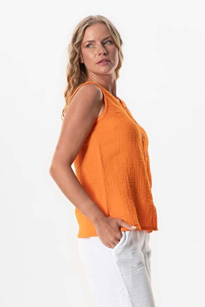 Eliş Şile Bezi Orange Trnc Sleeveless Melis Summer Muslin Blouse
