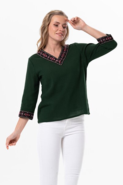 Eliş Şile Bezi Καλοκαιρινή μπλούζα με κέντημα Talya Şile με λαιμόκοψη με τρία τέταρτα πράσινη Ysl