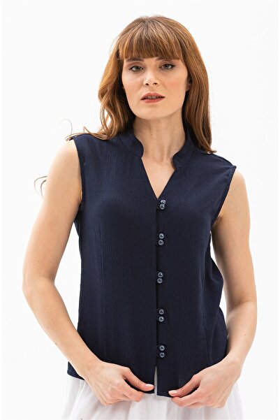 Eliş Şile Bezi Kolsuz Şile Bezi Arzu Yazlık Bluz Lacivert Lcvt