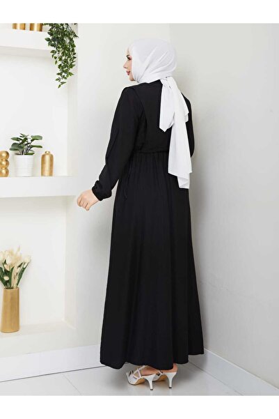 modamira Kadın Siyah Çilek Kumaş Bolerolu Önü Düğmeli Yandan Bağlamalı Ikili Tesettür Elbise