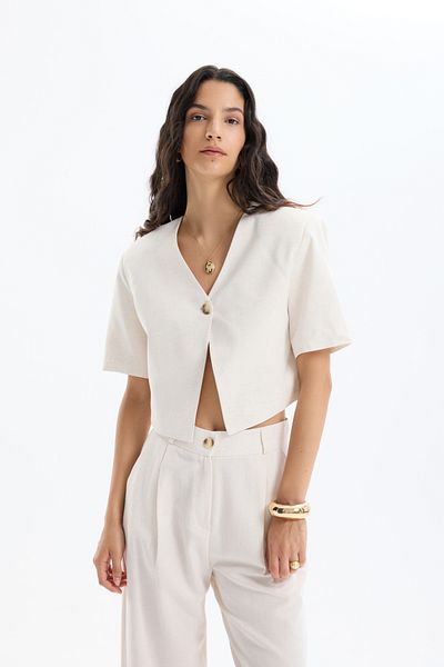 Quzu Single Button Short Sleeve Linen Jacket Natural