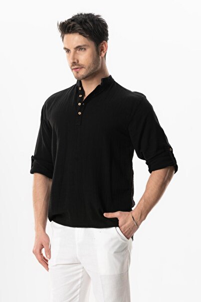 Eliş Şile Bezi Μακρυμάνικο φούτερ μουσελίνας με γιακά δικαστής μαύρο