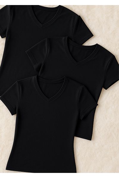Loule Îmbrăcăminte pentru femei Tricou cu decolteu în V din bumbac și elastan 3 bucăți Pachet economic LL.223.ILK62.001