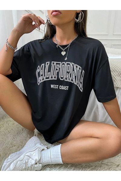 Sweetline Tricou dintr-un singur jerseu din California West Coast - Tricou supradimensionat cu gât negru cu imprimeu