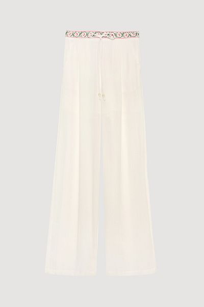 Quzu Tie Waist Embroidered Wide Leg Trousers Ecru