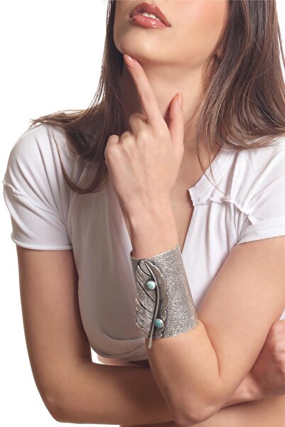 LABALABA Kadın Antik Gümüş Kaplama Turkuaz Taşlı Yaprak Parçalı Tasarım Kelep...