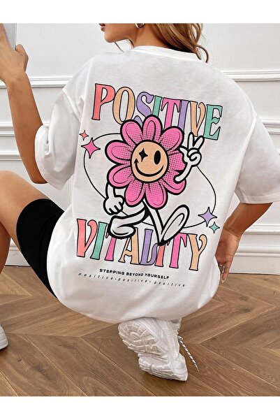 CLAYES Positive Flower Single Jersey T-Shirt - Λευκό εμπριμέ μπλουζάκι με λαιμόκοψη