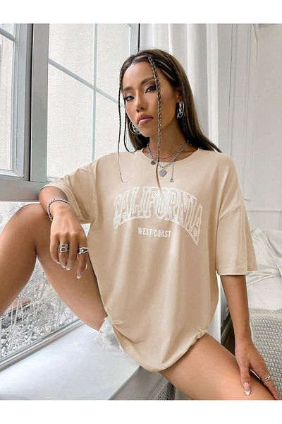 CLAYES California West Coast Single Jersey T-Shirt - Beige Printed Oversize Crew Neck T-Shirt