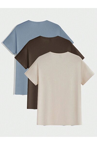 CLAYES Tricou de bază din jerseu de bază din 3 piese - Tricou supradimensionat cu gât crepus, albastru, maro, bej