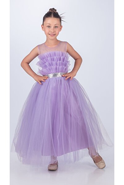 Mnk Baby&Kids Sapes Model Sırt Gipeli Tüllü Kız Çocuk Askılı Saten Abiye MNK0618 LİLA