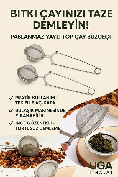 UGA İthalat Metal Spoon - Tea Ball - Filter and Squeeze Leaves Mesh Strainer Linden Herb with Handle 3 Pcs