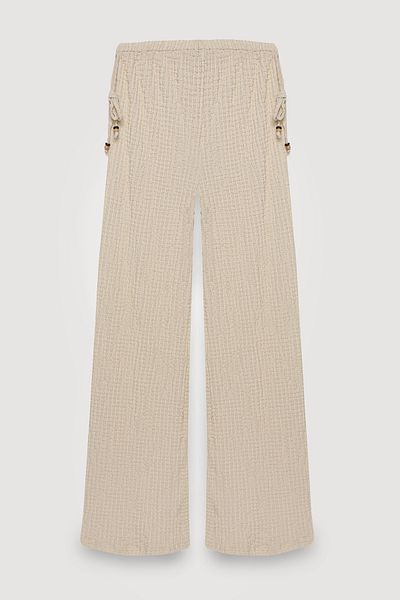 Quzu Seersucker Trousers with Beaded Binding Sides Stone