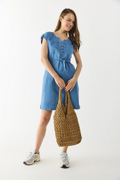 VENA Riva Sky Blue Κουμπί μπροστά Regular Fit Jean Φόρεμα - SKY BLUE