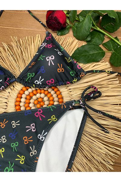 XORVİO Women's New Season Lycra Stretchy Black Scissors Patterned Halter Neck Stylish Drawstring Triangle Bikini Set
