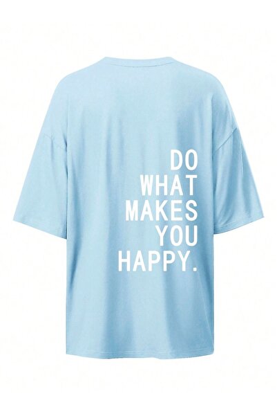 CLAYES Makes Happy T-Shirt - Μπλε Εκτυπωμένο Oversize T-Shirt με Στρογγυλή Λαιμόκοψη