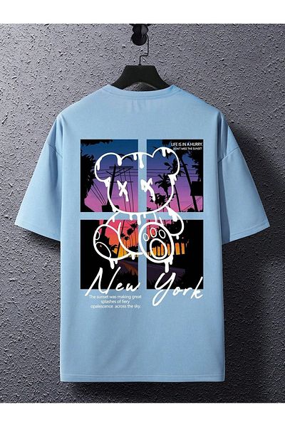 Sweetline Μπλουζάκι New York Bear Single Jersey - Baby Blue Printed Oversize T-shirt με λαιμόκοψη