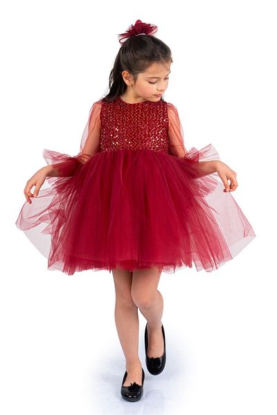 Mnk Κοριτσίστικο φόρεμα με παγιέτες τούλι 0285 Claret Red