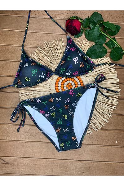 XORVİO Women's New Season Lycra Stretchy Black Scissors Patterned Halter Neck Stylish Drawstring Triangle Bikini Set
