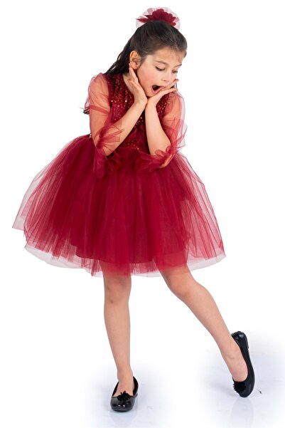 Mnk Pul Payet Tüllü Kız Çocuk Elbise MNK0285 BORDO