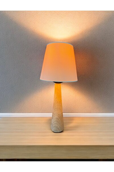 burenze Modern Ağaç Abajur Krem Şapkalı El Yapımı Doğal Ahşap Gövde Abajur Ma...