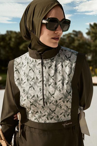 Haşema Σετ μαγιό με κορδέλα Χακί 5 τεμαχίων Full Hijab 5008