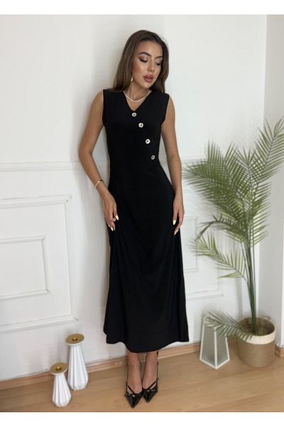 modaserdem Women's Button Detail Sleeveless Maxi Dress