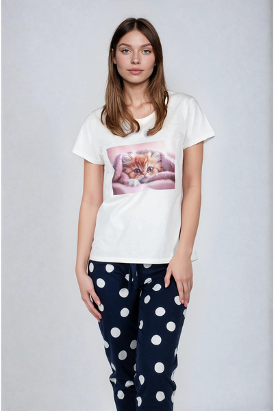 SCREENSHOT Σετ γυναικεία κοντομάνικη στάμπα και πουά από 100% βαμβάκι