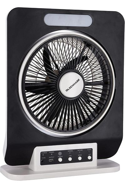 Olsenmark 12" Rechargeable Box Fan | 7Ah Battery | 10H Runtime | Remote | 5-Leaf Blade | LED Light | Portable