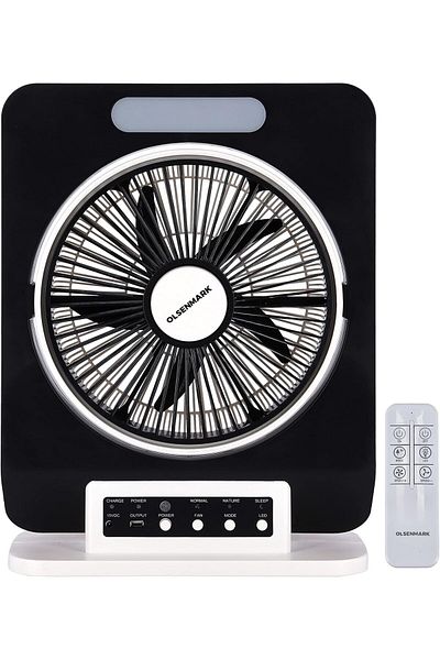 Olsenmark 12" Rechargeable Box Fan | 7Ah Battery | 10H Runtime | Remote | 5-Leaf Blade | LED Light | Portable