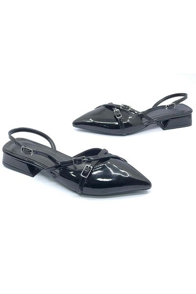 KOCAMANLAR Feles Buckle Detailed Short Heeled Open Back Women's Ballerina Shoes Black-Pattern