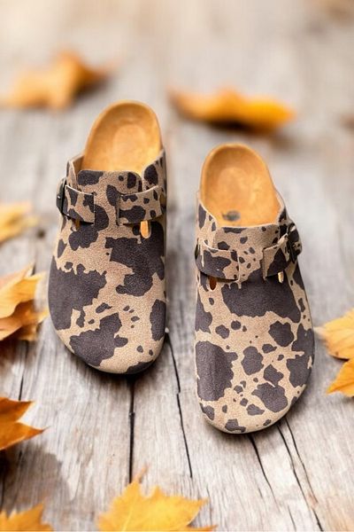 Land of Cork Anatomical Natural Cork Sole Animal Print Suede Leather Women's Slippers