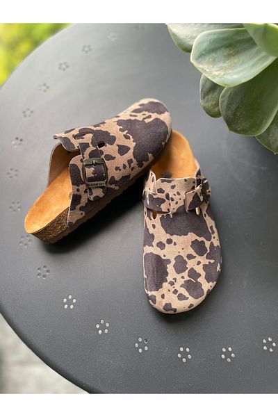 Land of Cork Anatomical Natural Cork Sole Animal Print Suede Leather Women's Slippers