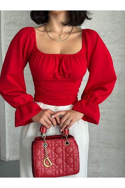 REELMODA Women's Madonna Collar Balloon Sleeve Crepe Blouse
