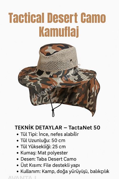 Avantaj Kapıda Унисекс шапка за открито с яка – мрежеста, от тънък тюл, готина, диаметър 50 см – пустинен тактически камуфлаж