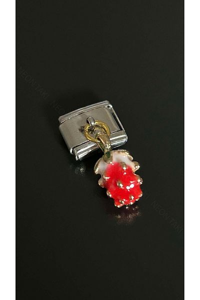Neon Takı by Atalay Sensitivity Tag & Strawberry, Dangle, Italian Nom Steel Charm for Bracelet 29, Silver Color