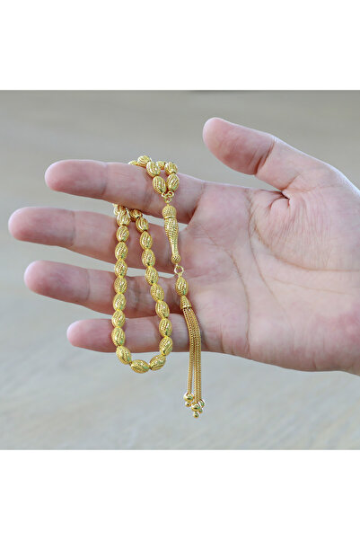 Tesbihane Üçlü Kamçı Püsküllü Çeşmi Bülbül Detaylı Telkari Tasarım Arpa Kesim Altın Renk 925 Ayar Gümüş Tesbih